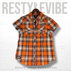 HARLEY-DAVIDSON Women’s Size L Shirt Snap Front Plaid Short Sleeve HD Logo